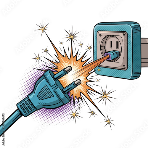 Electric Shock Pop Art Illustration - Plug Sparks and Outlet Danger Warning Comic Style Graphic Design for Energy Safety Awareness