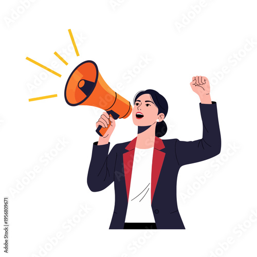 Woman Using Megaphone for Announcement Public Speaking Illustration Business Leader Motivation Communication Protest Rally Event