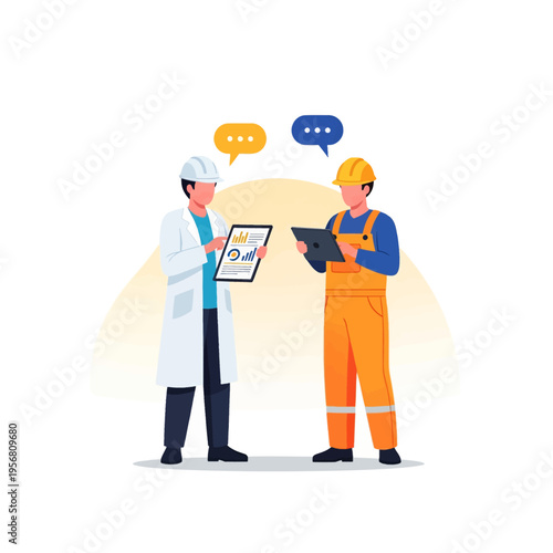 Construction Workers Discussing Project Data on Tablet and Document - Engineering Team Collaboration and Site Review Illustration