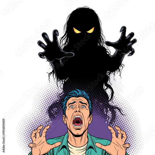 Terrified Man Confronted by Shadowy Ghostly Figure Comic Book Style Illustration Horror Scene Dramatic Artwork