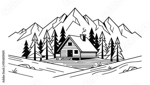 Rustic log cabin nestled among pine trees with majestic mountain range backdrop