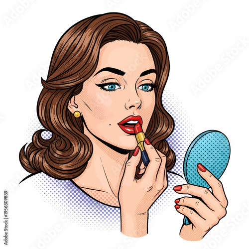 Retro Pop Art Woman Applying Lipstick in Mirror Vintage Style Illustration Beauty Makeup Tutorial Comic Book Design Graphic
