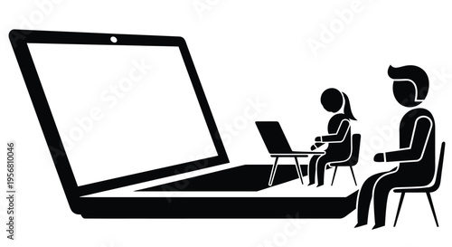 People interacting with technology a large screen and smaller laptops