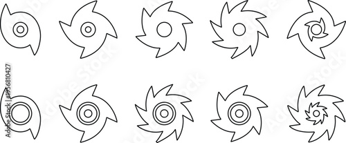 Hurricane cyclone icon set collection group in line style featuring storm, typhoon, tornado, whirlwind, vortex and weather synonym elements for disaster alert, climate design and warning graphics