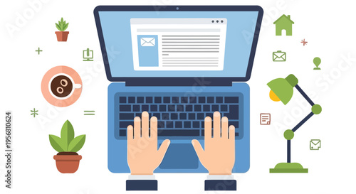 A flat lay illustration depicting a person working on a laptop with office supplies