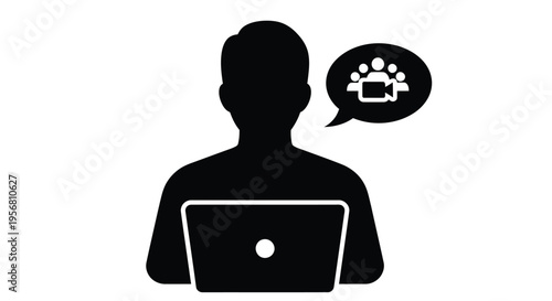 Silhouette of a person using a laptop with a video conference icon