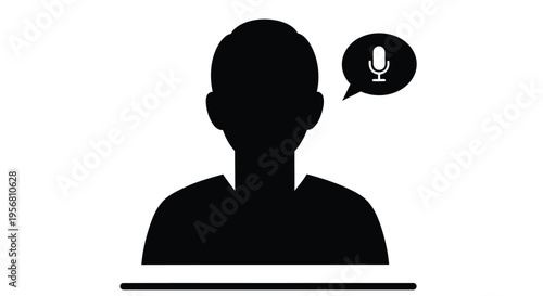 Silhouette of a person speaking into a microphone with a speech bubble