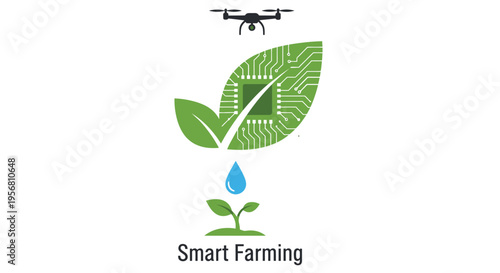 Smart farming concept featuring a drone circuit leaf and water droplet
