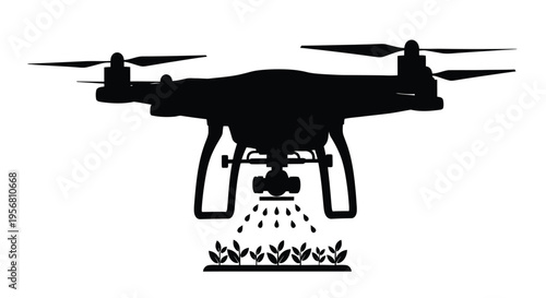 Black silhouette of a drone flying above green shrubbery representing aerial technology