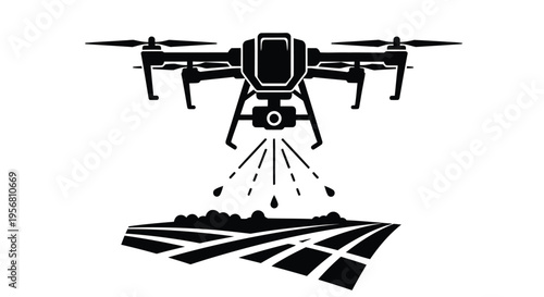 A black silhouette of a drone spraying liquid onto a rectangular surface