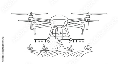 Agricultural drone spraying crops in a field illustrated in a simple line art style