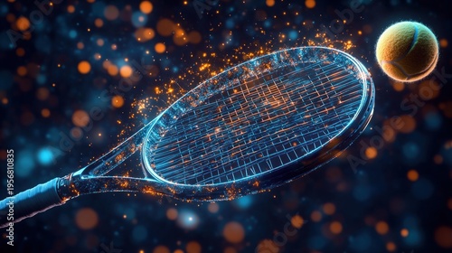 electric glowing tennis racket striking a tennis ball with bursting orange sparks and neon particles, dynamic motion and intense energetic atmosphere