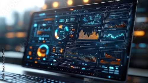 Widescreen monitor displaying multiple data dashboards with charts, graphs, gauges and map in a dark teal and orange user interface, evoking focused analytical intensity in a modern office