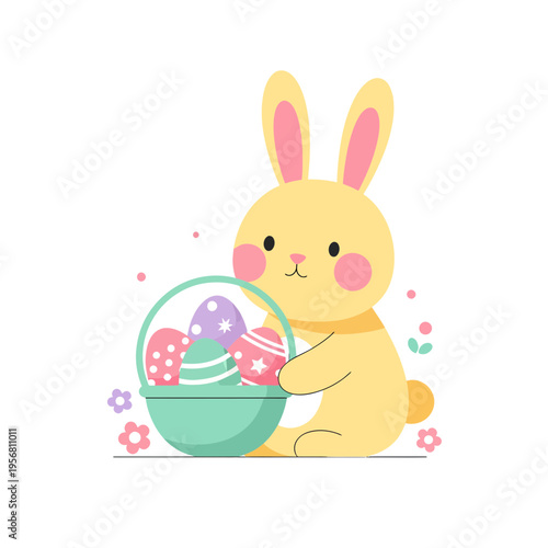 Cute Yellow Easter Bunny with Basket of Colorful Painted Eggs and Spring Flowers Illustration