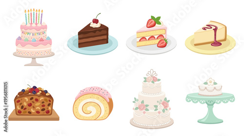 Vector illustration of various sweet desserts on decorative plates and stands in a colorful arrangement.