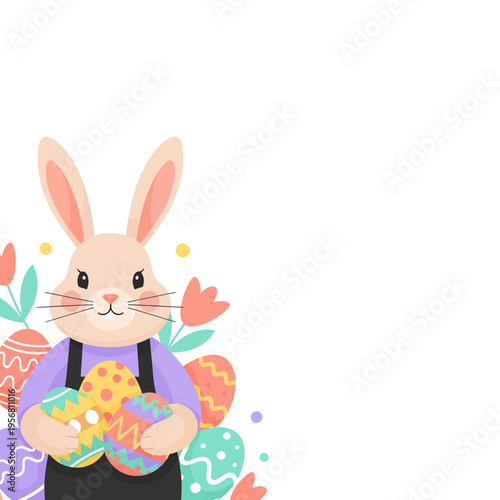 Happy Easter 2026 Greeting Card with Cute Bunny Holding Decorated Eggs Vector Illustration