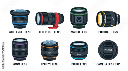 Various camera lenses arranged on a table in a vector graphic illustration for a photography equipment catalog.