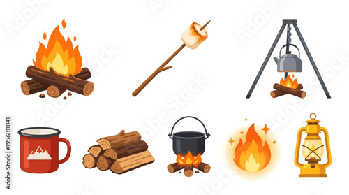 Vector illustration of camping scene with campfire, marshmallow toasting, tripod pot, lantern, logs, and coffee mug in the wilderness at night.