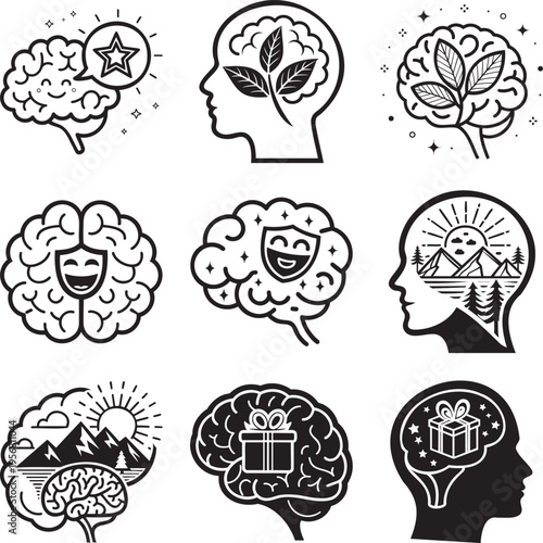 Black and white line collection of human head silhouettes with brain patterns and symbols msea set thought bubbles