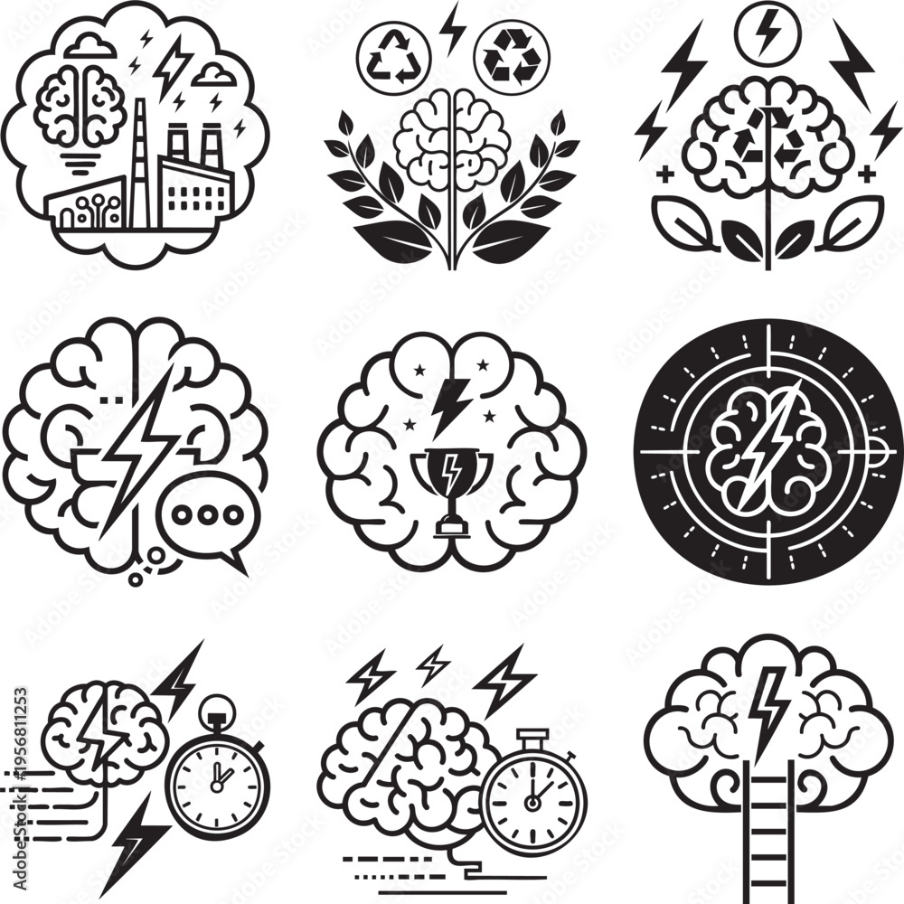 Fototapeta premium Black and white of brain anatomy and psychology symbols msea set brain psychology symbols neuron synapse