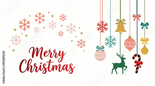 A vibrant Merry Christmas scene with hanging ornaments and decorations including a reindeer vector graphic.