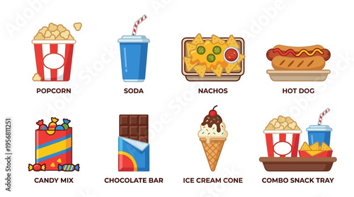 A vector illustration of various snacks and desserts on a tray including popcorn soda nachos hot dog candy mix chocolate bar ice cream cone and combo snack tray in a colorful display.