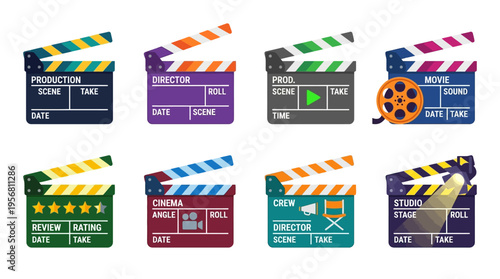 A vector illustration of colorful film clapperboards and cinema slate boards with film reels on a white background for movie production.