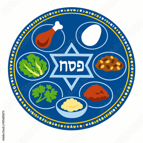 Passover Seder Plate with Symbolic Foods in Bright Flat Vector