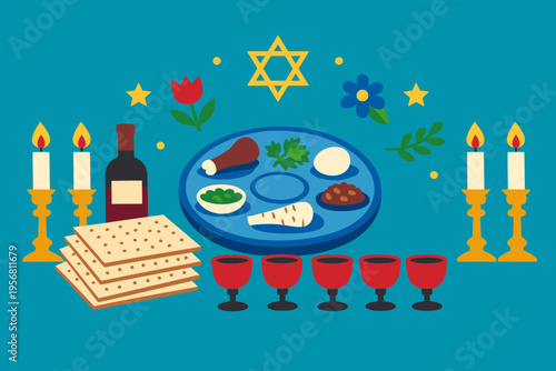 Festive Passover Table with Matzot, Wine, and Candles in Flat Vector Style