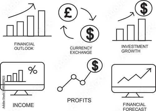 Diverse vector icon set illustrating key financial concepts, including business growth, market analysis, currency exchange, investment returns, and revenue generation