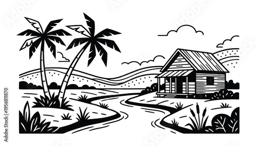 Simple wooden hut by winding river in a stylized rural landscape