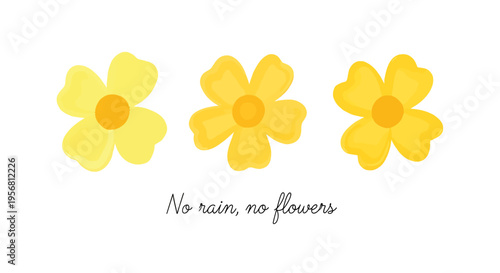 Three cheerful yellow flowers with a subtle watercolor effect, accompanied by the inspirational quote 'No rain, no flowers,' symbolizing growth and resilience