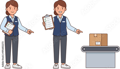 Cute flat shipping coordinator vector with checklist board and parcel in a clean isolated white background logistics office profession style