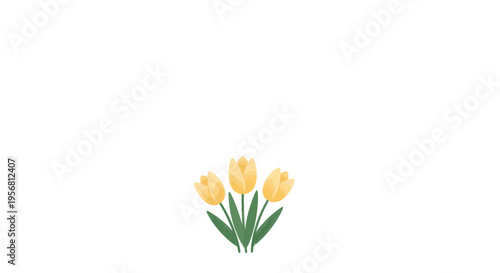 Elegant illustration of three bright yellow tulips with vibrant green leaves, blooming gracefully against a clean white backdrop, capturing the essence of spring's delicate beauty and renewal