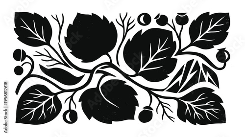 Stylized black silhouette of leaves and berries on white background, vintage botanical illustration
