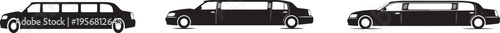 Vector graphic illustration of three black limousine cars in profile view designs