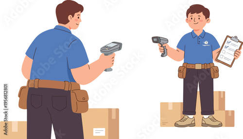 Cute flat inventory staff vector with scanner and clipboard in a clean isolated white background warehouse logistics profession design