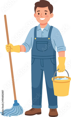 Cute flat janitor vector holding a mop and bucket in a clean isolated white background maintenance profession cartoon illustration style