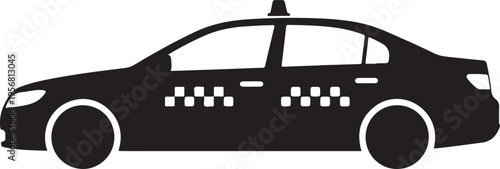 Black silhouette of a taxi car with checkered signs on the side and roof light
