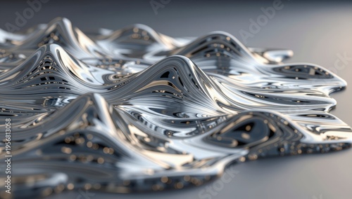 Abstract liquid metal wave surface with chrome texture and reflective ripples creating a futuristic background for modern digital design and high tech corporate concepts