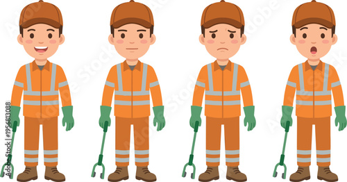Cute flat sanitation worker vector with grabber tool and reflective uniform on a clean isolated white background public maintenance style