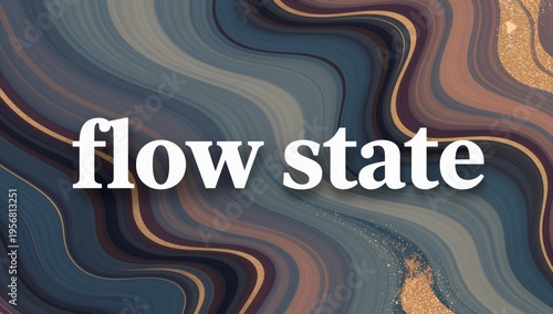 Abstract background with flow state text overlay featuring elegant liquid marble patterns in deep blue and warm bronze tones with sparkling gold glitter accents 3D render