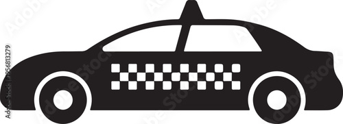 Black and white vector graphic illustration of a taxi car with checkered design