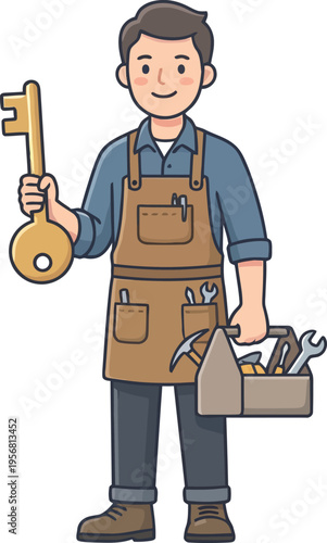 Cute flat service profession vector of a locksmith holding a large key and lock tools in a clean isolated white background cartoon style
