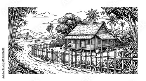 Traditional asian village with bamboo fence and thatched roof house surrounded by lush greenery and palm trees