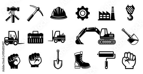 Collection of construction and industrial icons and symbols