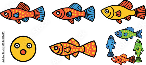 Colorful fish cartoon character set with different aquarium species patterns and cute aquatic animals isolated on white background vector illustration