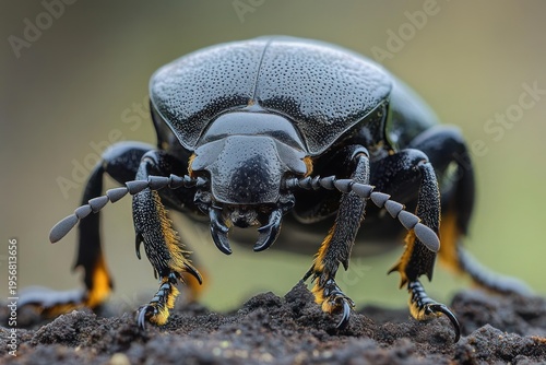 Close-up of a glossy black beetle with yellow-tipped legs, dew-dappled shell, and extended antennae standing on moist soil in a dramatic macro shot