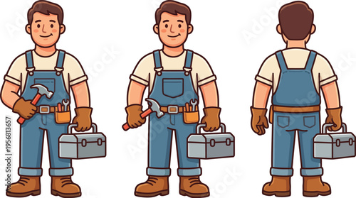 Friendly cute flat handyman vector with hammer and toolbox in a clean isolated white background cartoon home service profession style