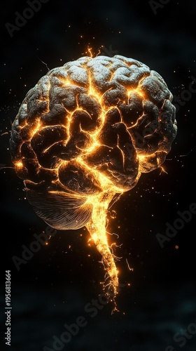 glowing human brain with molten fissures and electric sparks, illuminated brainstem suspended against a dark background, intense energetic awakening